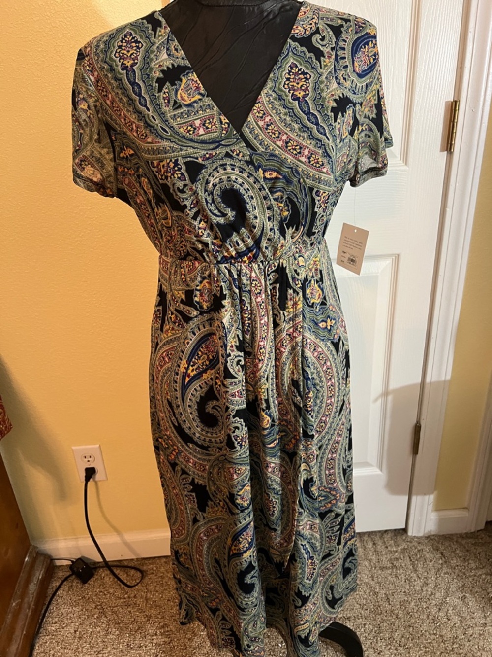croft & barrow Navy Paisley Maxi Dress with Sage and Pink Accents